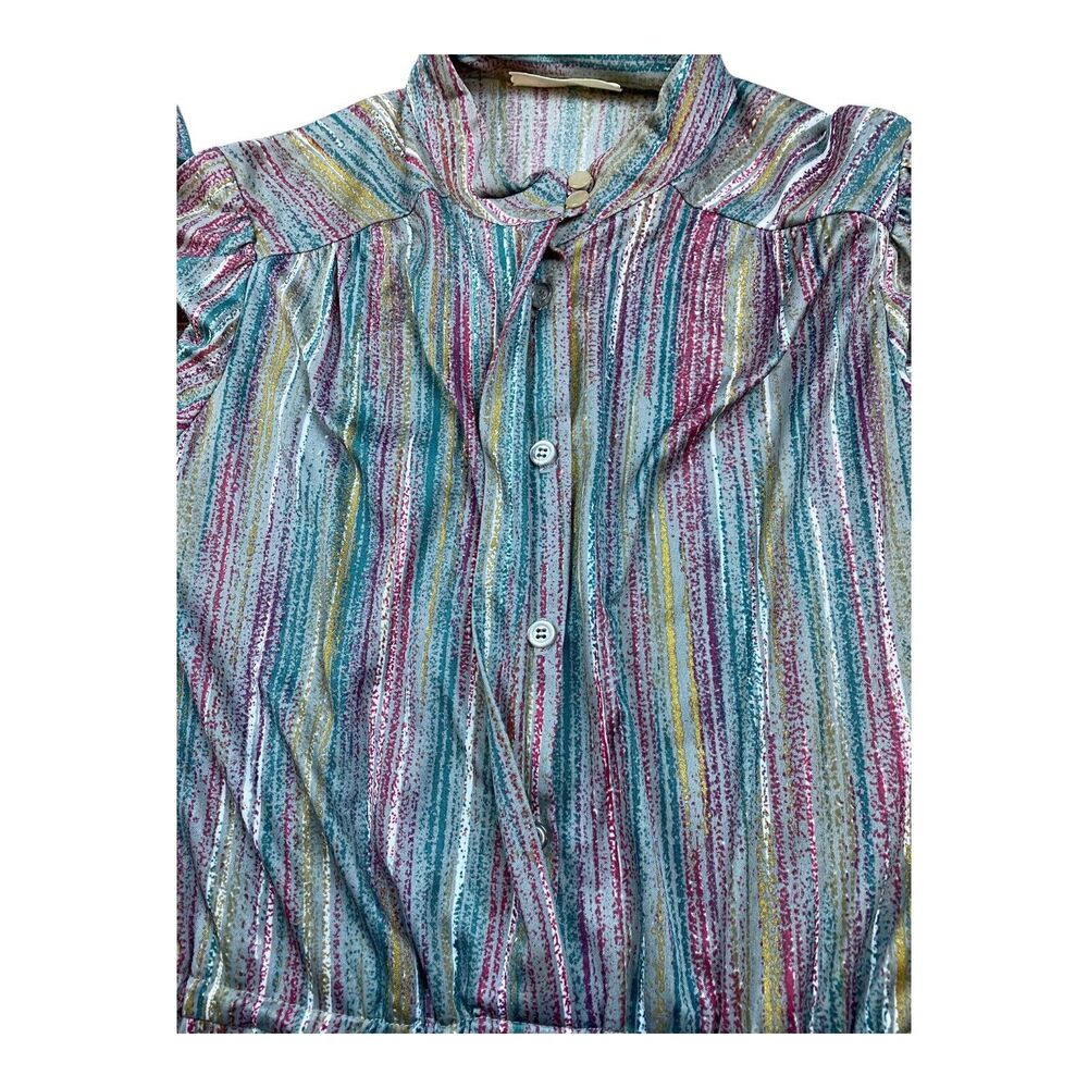 VTG 70s Metallic Striped Midi Dress High Neckline Shirtdress Long Sleeve SMALL - Picture 4 of 14